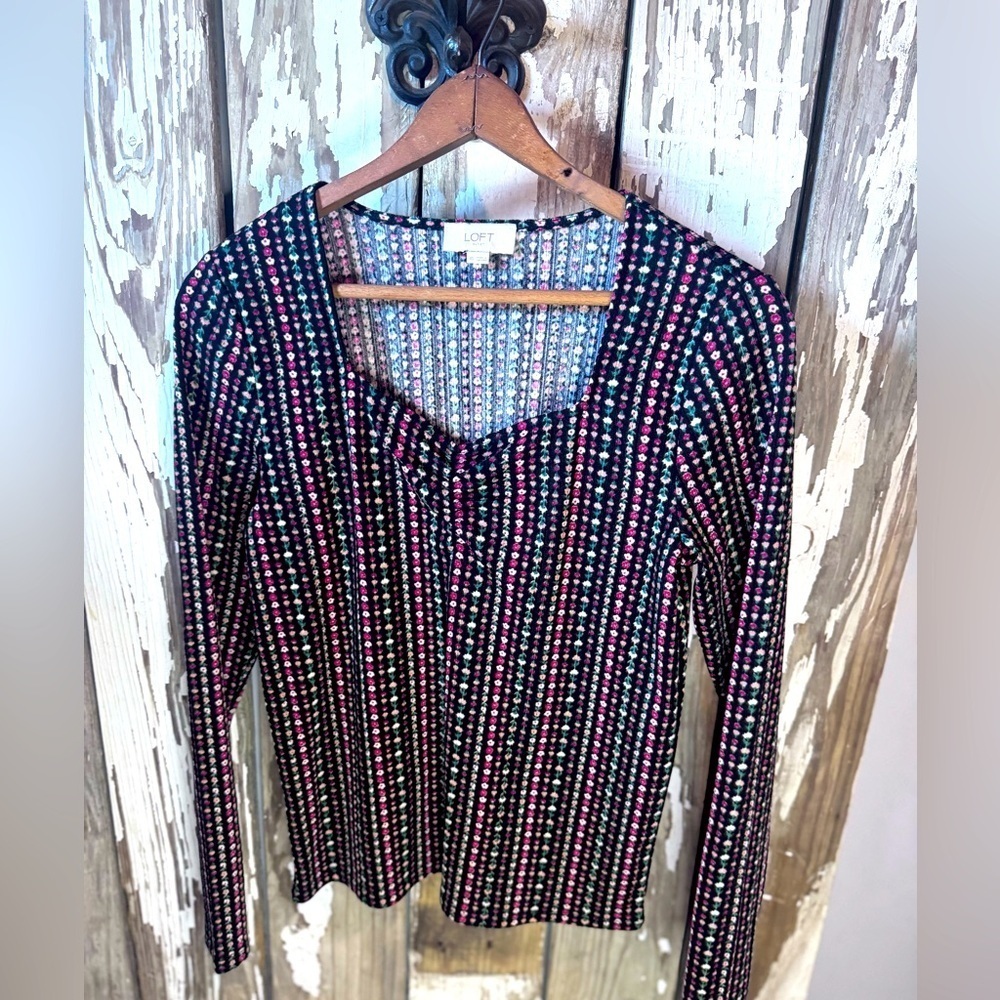 LOFT Women's Black and Pink Floral Striped Top Size XS